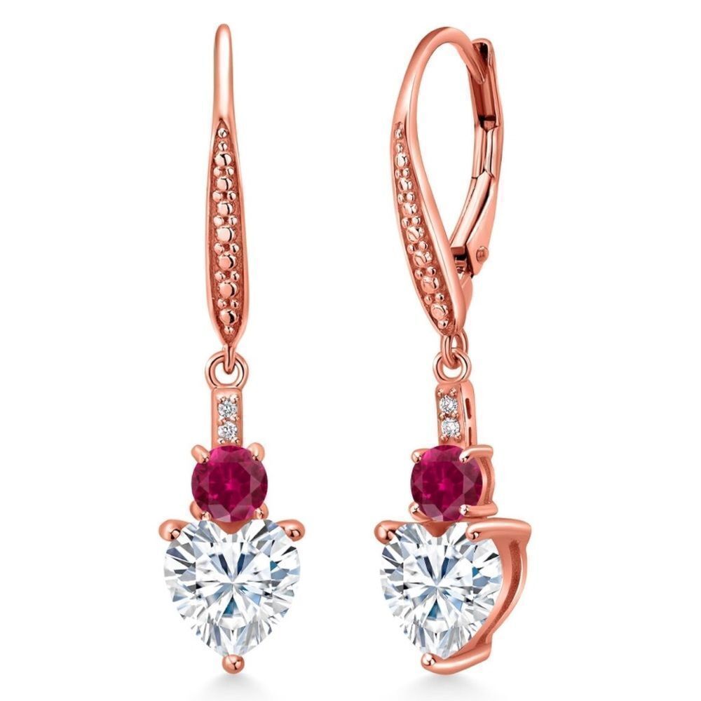 18K Rose Gold with 3.13 Cttw White Moissanite and Ruby Heart Drop Earrings